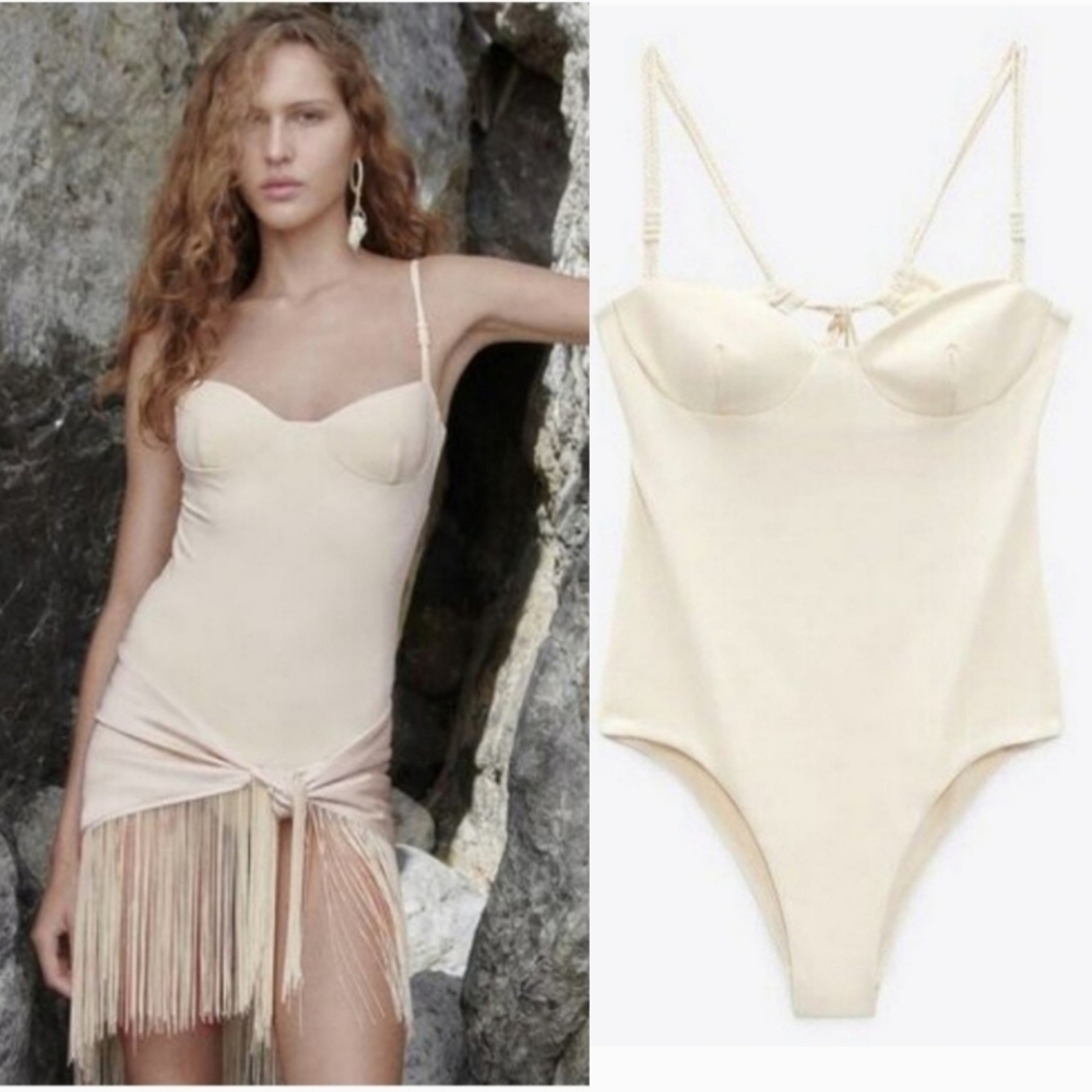 New Zara 0167/030 Braided Straps Cream One Piece Swimsuit NWT Medium